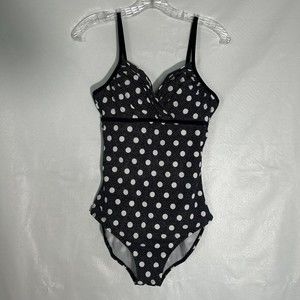Boden Sz 8, M, 36A One-Piece Swimsuit Navy Blue White Polka-Dot Pleated Halter